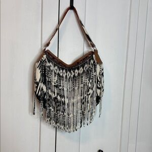 Chicos Bohemian Fringe Shoulder Bag - Black and White with tan and red accents